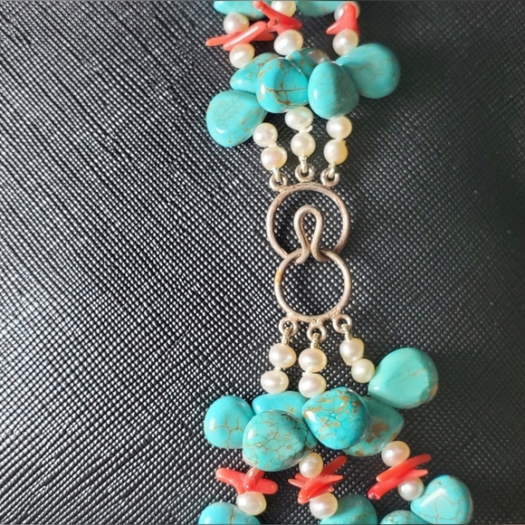 16" Turquoise, Coral & Pearl necklace on 925 Sterling Silver - Picture 7 of 8